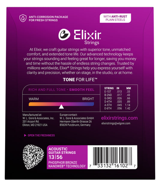 Elixir 16102 Phosphor Bronze Acoustic Guitar Strings with NANOWEB Technology (13-56)