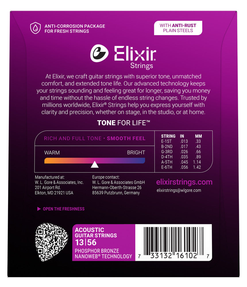 Elixir 16102 Phosphor Bronze Acoustic Guitar Strings with NANOWEB Technology (13-56)