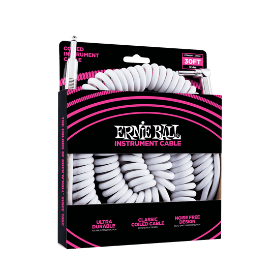 ERNIE BALL P06045 COILED INSTRUMENT CABLE STRAIGHT/ANGLE 30FT - WHITE