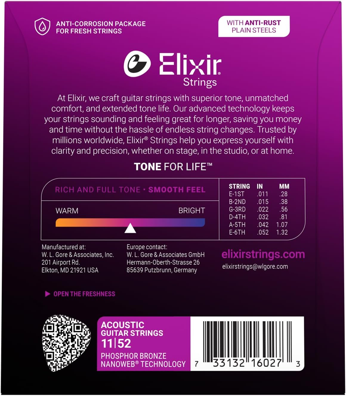 Elixir 16027 Acoustic Guitar Strings Phosphor Bronze With NANOWEB Coating (11-52)