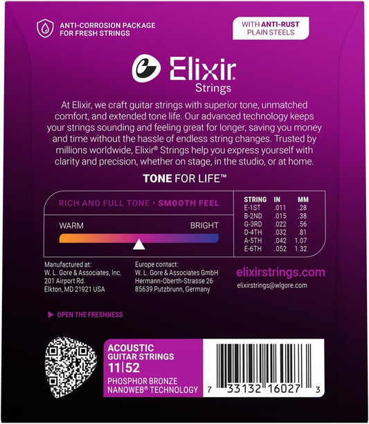 Elixir 16027 Acoustic Guitar Strings Phosphor Bronze With NANOWEB Coating (11-52)