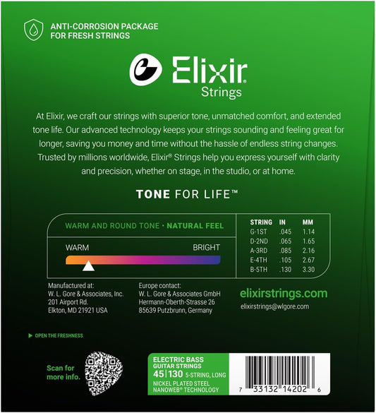 Elixir 14202 Nickel Plated Steel 5-String Bass Strings With NANOWEB Coating Long Scale Light (45-130)