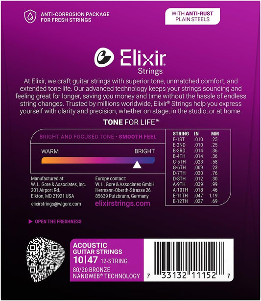 Elixir 11152 Strings Acoustic Guitar Strings, 12-String, Light NANOWEB Coating (10-47)