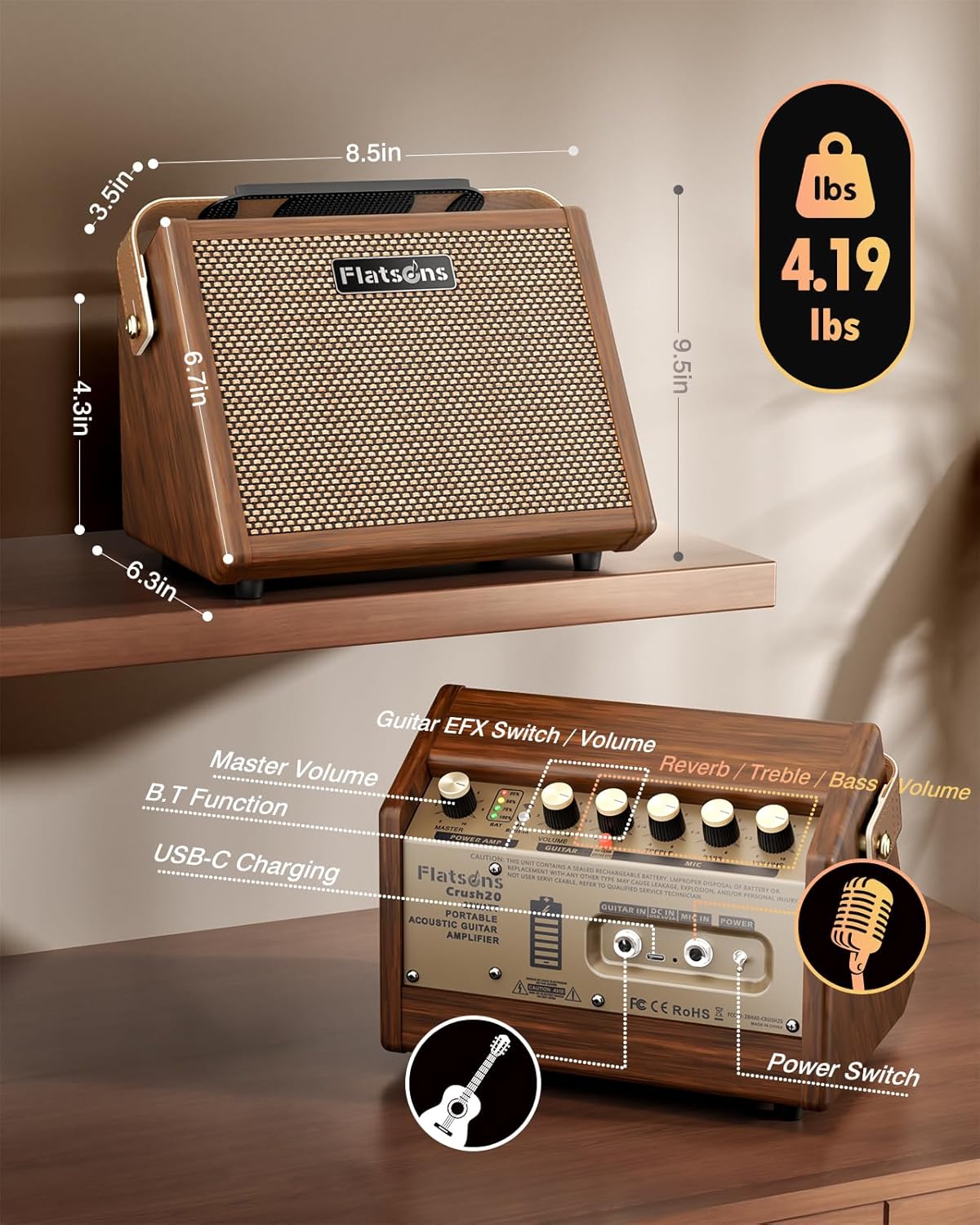 Flatsons Crush 20 Portable Acoustic Guitar Amplifier - Wood Finish