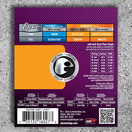 Elixir 16027 Acoustic Guitar Strings Phosphor Bronze With NANOWEB Coating (11-52)