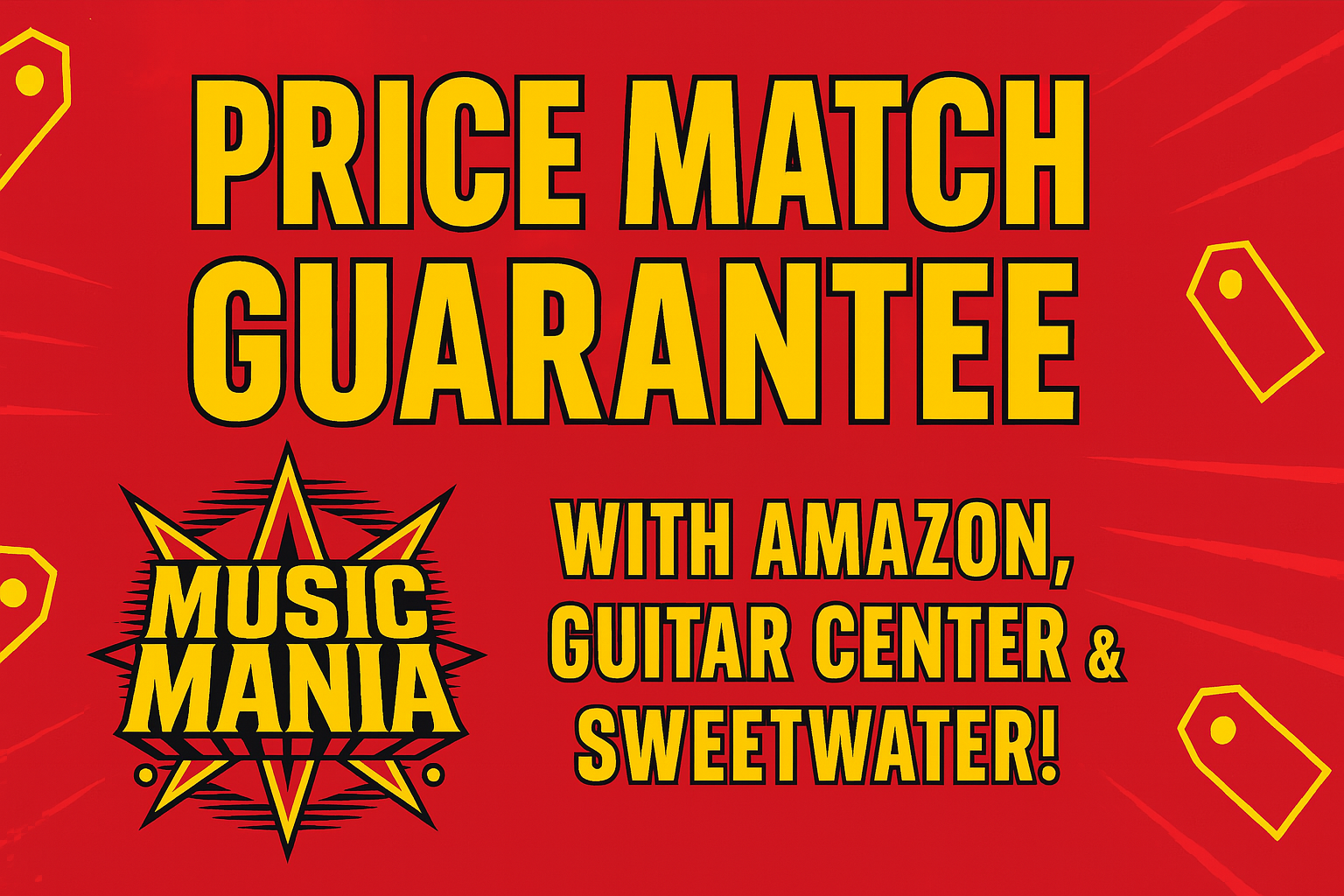 Promotional graphic for a price match guarantee with Music Mania, Amazon, Guitar Center, and Sweetwater on a red background.