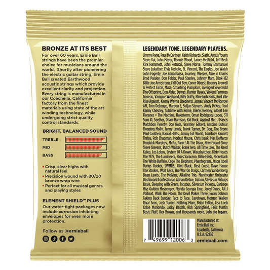 ERNIE BALL P02006 EXTRA LIGHT EARTHWOOD 80/20 BRONZE ACOUSTIC GUITAR STRINGS (10-50) GAUGE