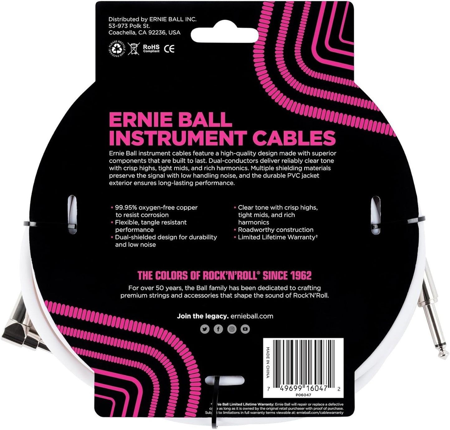 ERNIE BALL P06047 CLASSIC INSTRUMENT CABLE STRAIGHT/ANGLE 20FT - WHITE