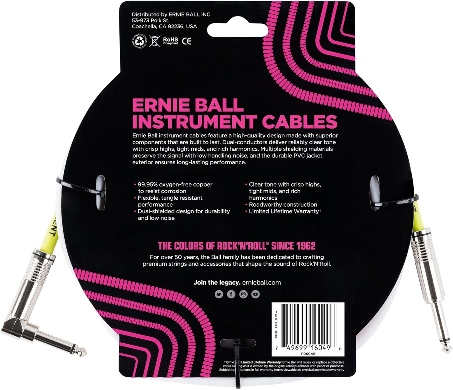 ERNIE BALL P06049 CLASSIC INSTRUMENT CABLE STRAIGHT/ANGLE 10FT - WHITE
