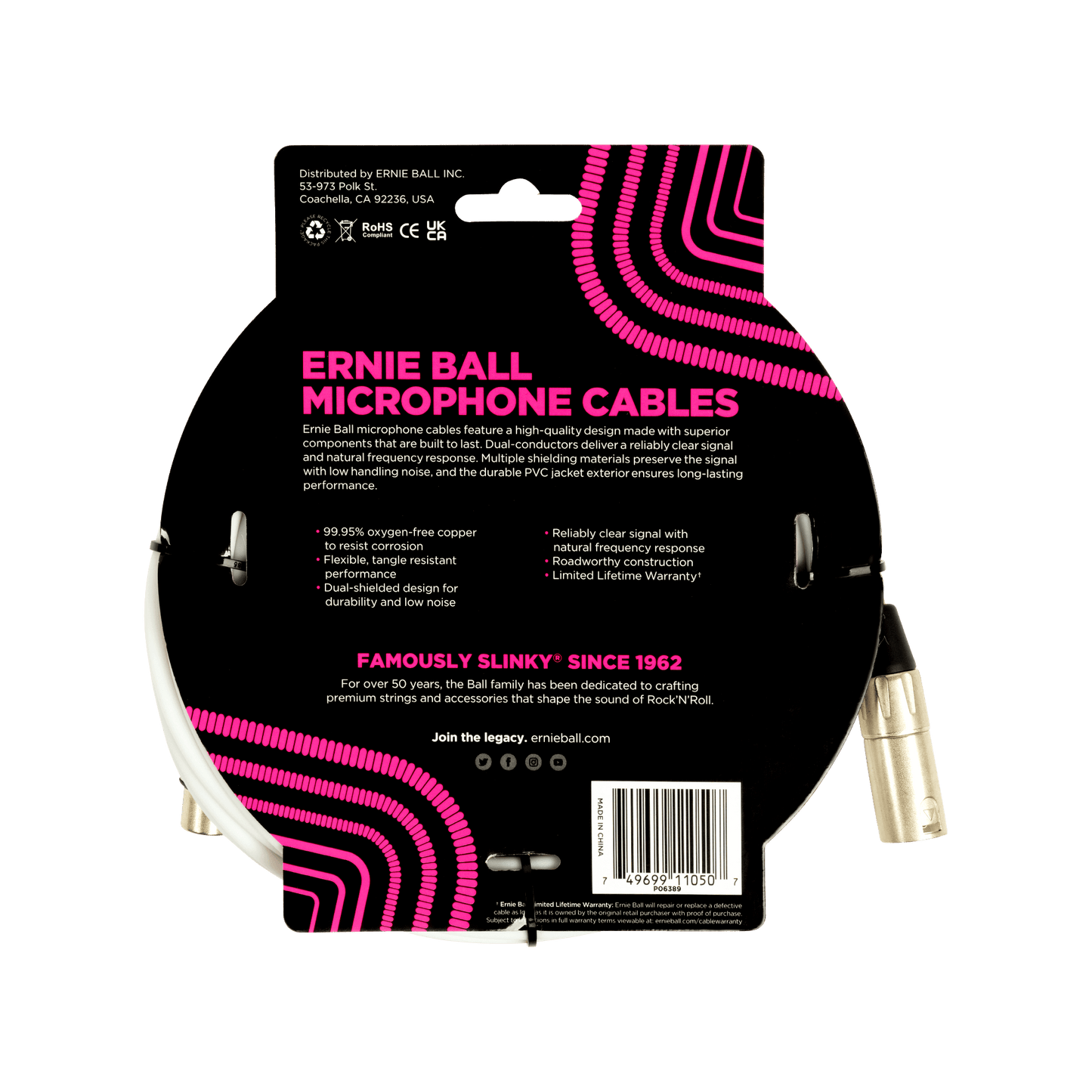ERNIE BALL P06389 CLASSIC XLR MICROPHONE CABLE MALE/FEMALE 20FT - WHITE