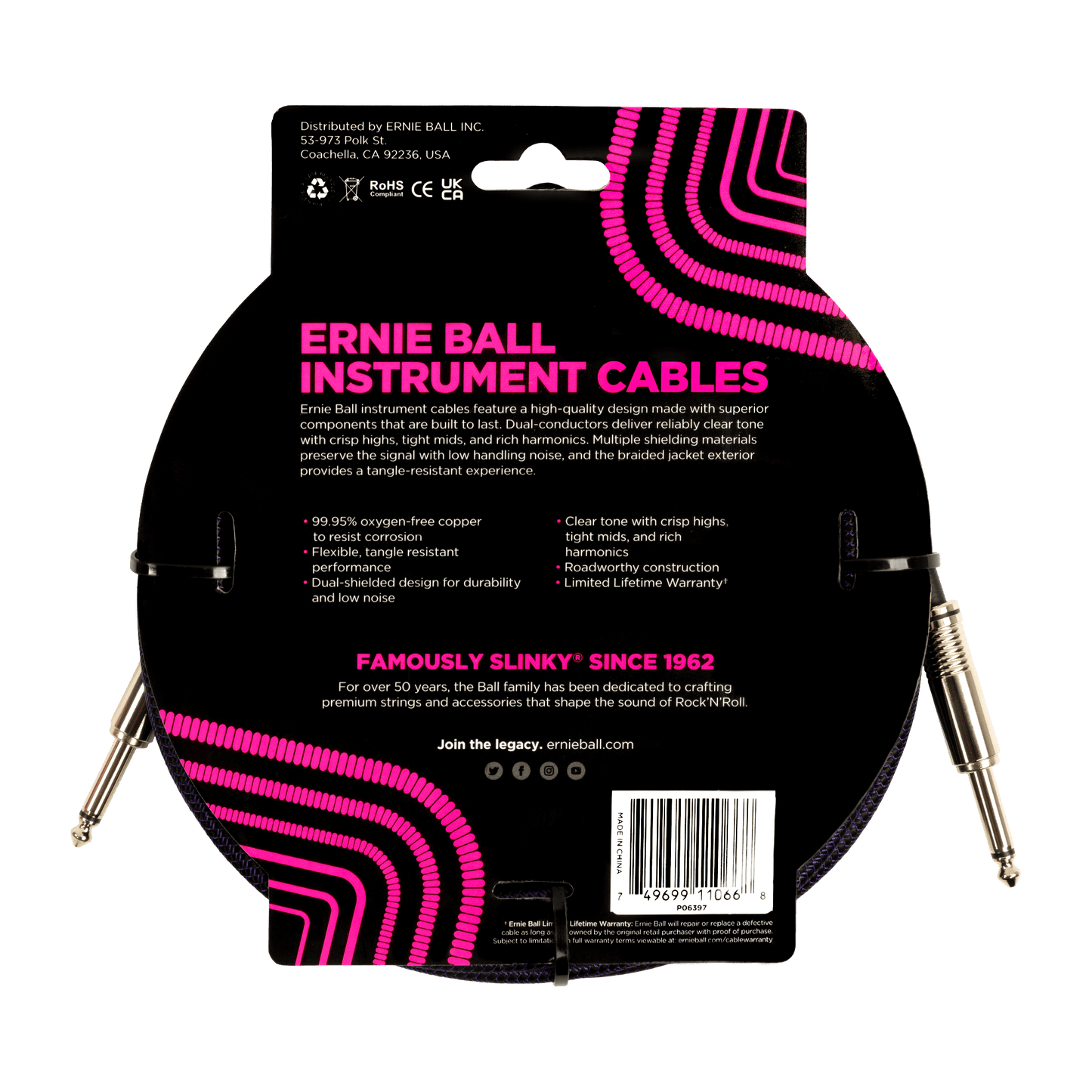 Ernie Ball P06397 Braided Instrument Cable Straight/Straight 25ft - Purple/Black