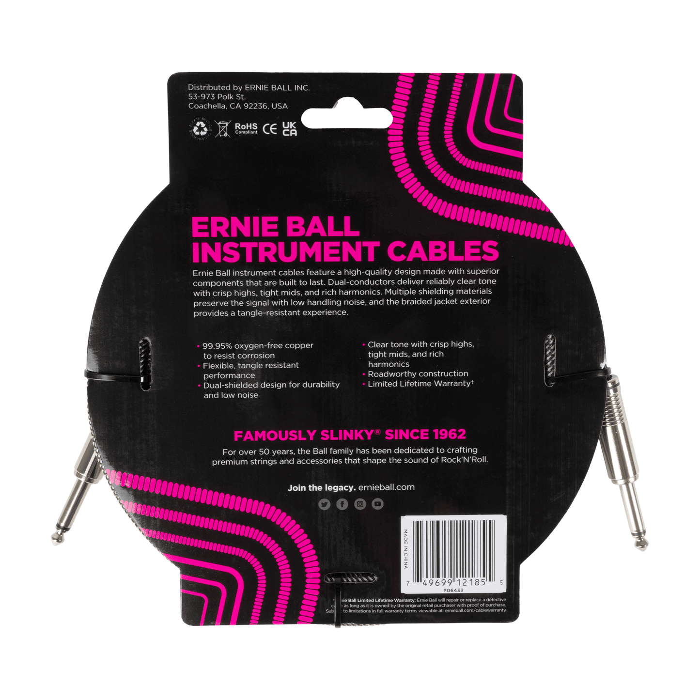 Ernie Ball P06433 Braided Instrument Cable Straight/Straight 18ft - Silver Fox