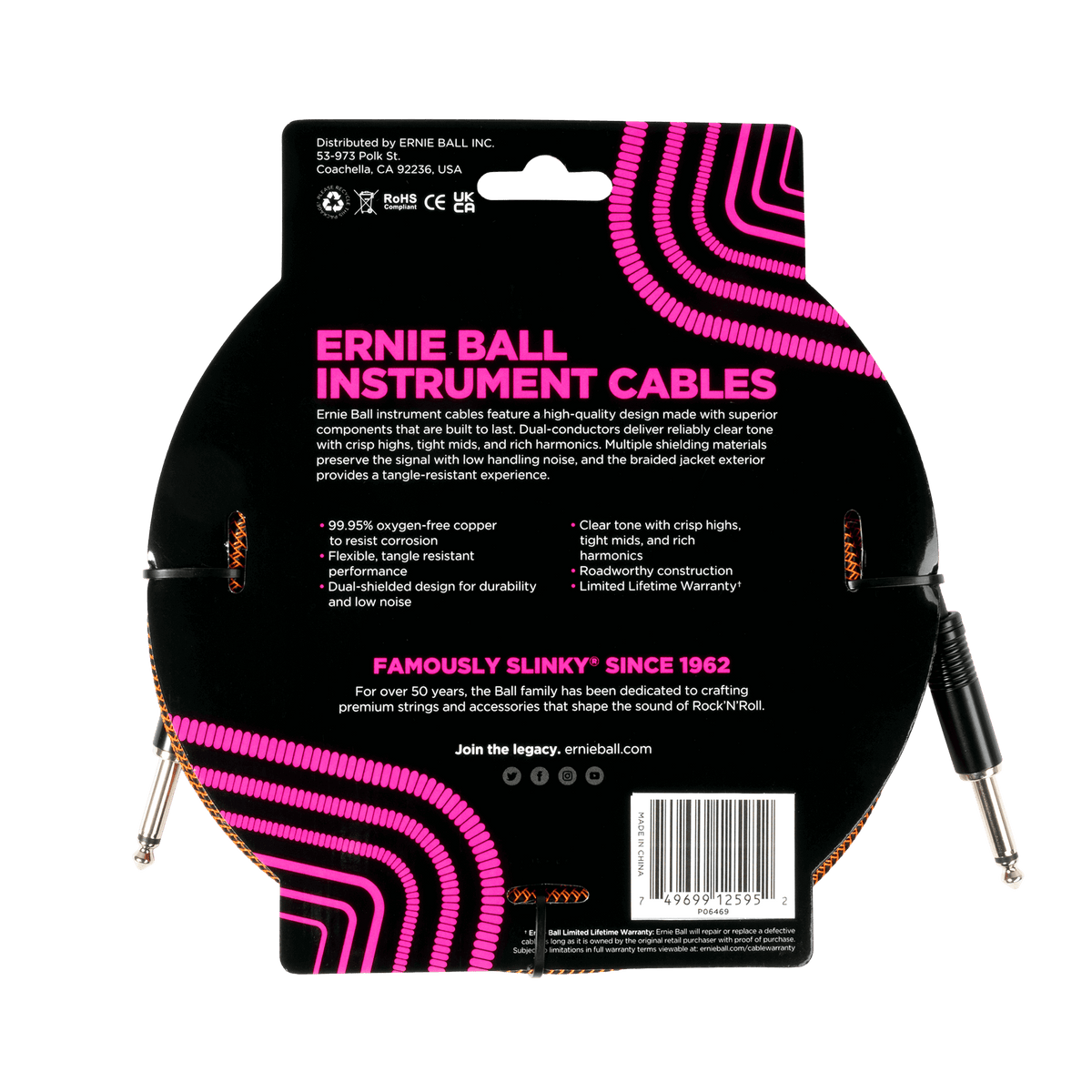 Ernie Ball P06469 Braided Instrument Cable Straight/Straight 18ft - Pumpkin Pie