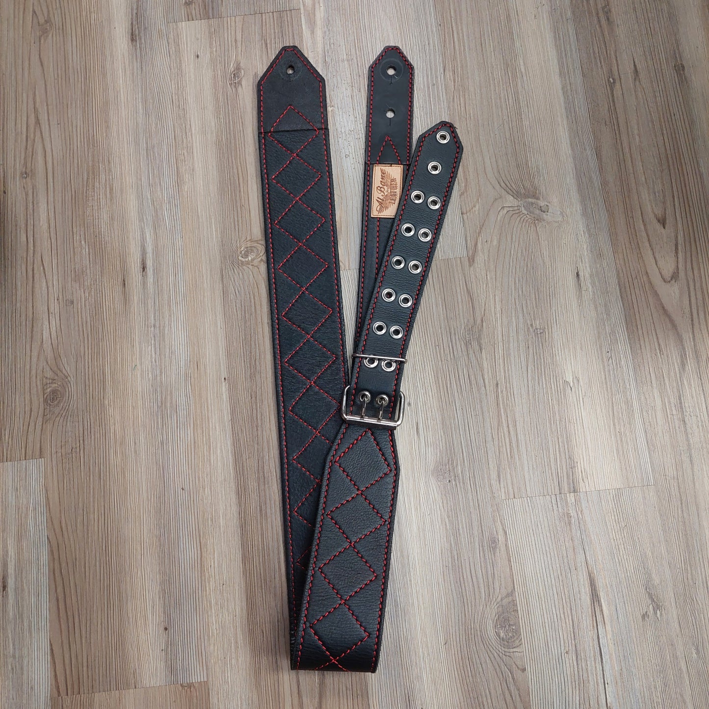 AL BANE LEATHER 3” BLACK AND RED GUITAR/BASS STRAP (USED)