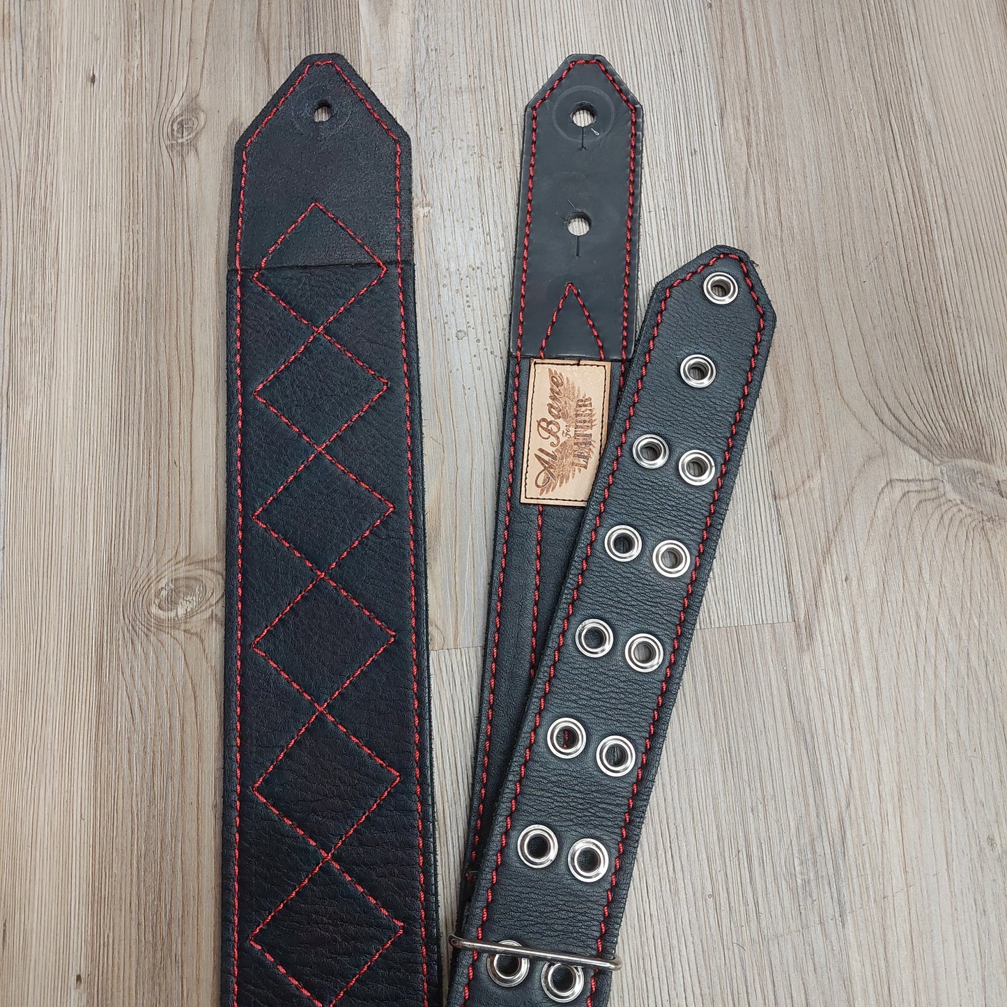 AL BANE LEATHER 3” BLACK AND RED GUITAR/BASS STRAP (USED)