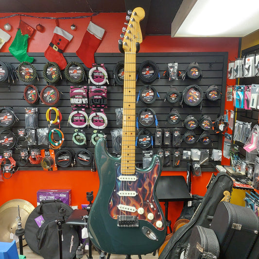 1980's Fender Stratocaster Electric Guitar - Green Metallic w/ Custom Flames Pickguard and G&L Gig Bag "Made In USA" SN# E 401835 (No Whammy Bar)