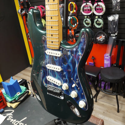 1980's Fender Stratocaster Electric Guitar - Green Metallic w/ Custom Flames Pickguard and G&L Gig Bag "Made In USA" SN# E 401835 (No Whammy Bar)
