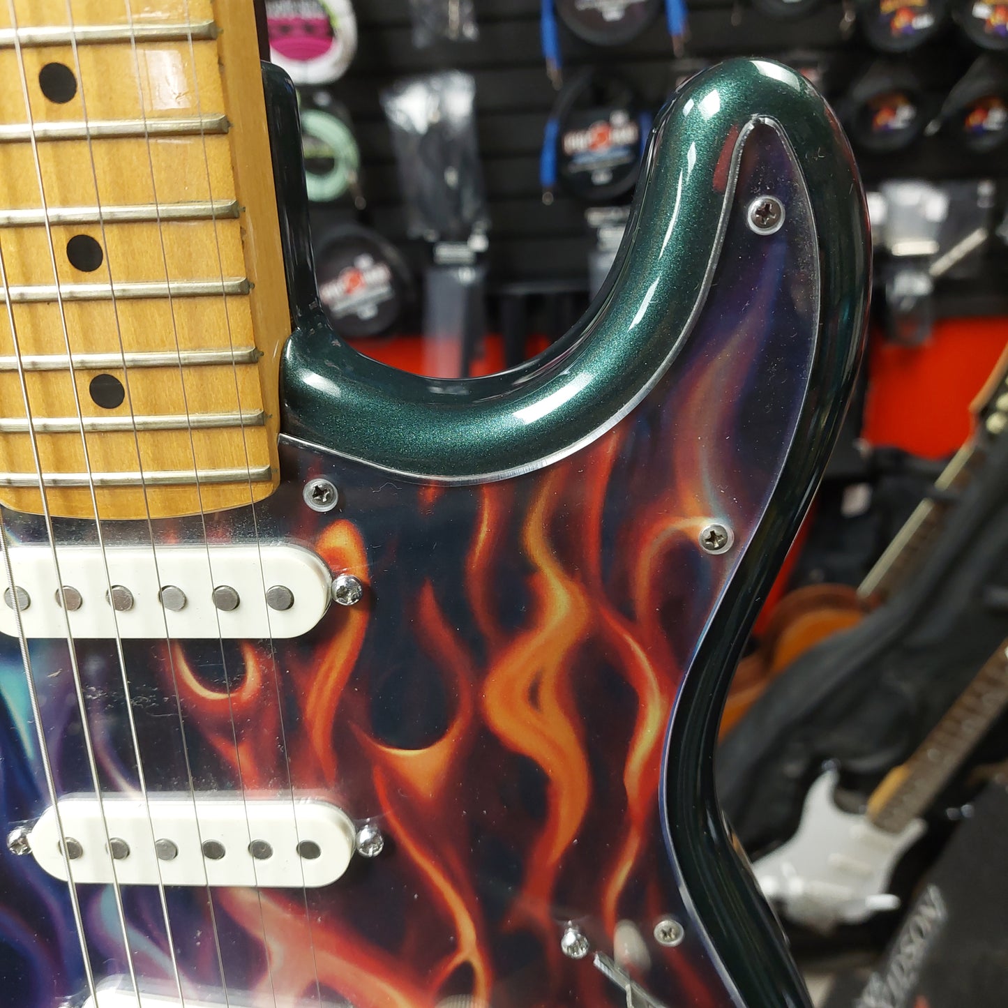 1980's Fender Stratocaster Electric Guitar - Green Metallic w/ Custom Flames Pickguard and G&L Gig Bag "Made In USA" SN# E 401835 (No Whammy Bar)