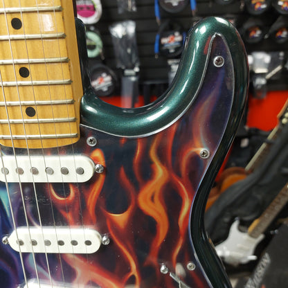 1980's Fender Stratocaster Electric Guitar - Green Metallic w/ Custom Flames Pickguard and G&L Gig Bag "Made In USA" SN# E 401835 (No Whammy Bar)