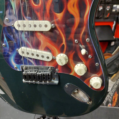 1980's Fender Stratocaster Electric Guitar - Green Metallic w/ Custom Flames Pickguard and G&L Gig Bag "Made In USA" SN# E 401835 (No Whammy Bar)