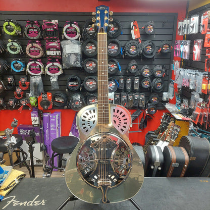 Liberty FB100 Resonator Guitar - Chrome/Blue Finish w/ Grover Tuners (USED) "Sold As Is" Has Loose Binding Lower Left Part Of Body