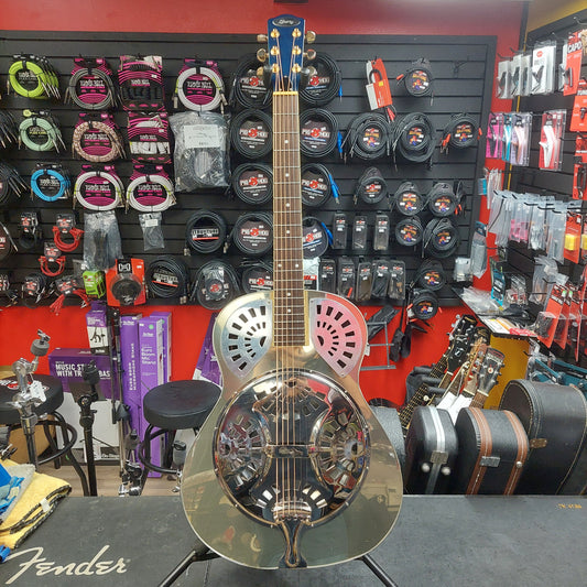Liberty FB100 Resonator Guitar - Chrome/Blue Finish w/ Grover Tuners (USED) "Sold As Is" Has Loose Binding Lower Left Part Of Body