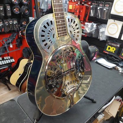 Liberty FB100 Resonator Guitar - Chrome/Blue Finish w/ Grover Tuners (USED) "Sold As Is" Has Loose Binding Lower Left Part Of Body