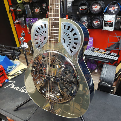 Liberty FB100 Resonator Guitar - Chrome/Blue Finish w/ Grover Tuners (USED) "Sold As Is" Has Loose Binding Lower Left Part Of Body