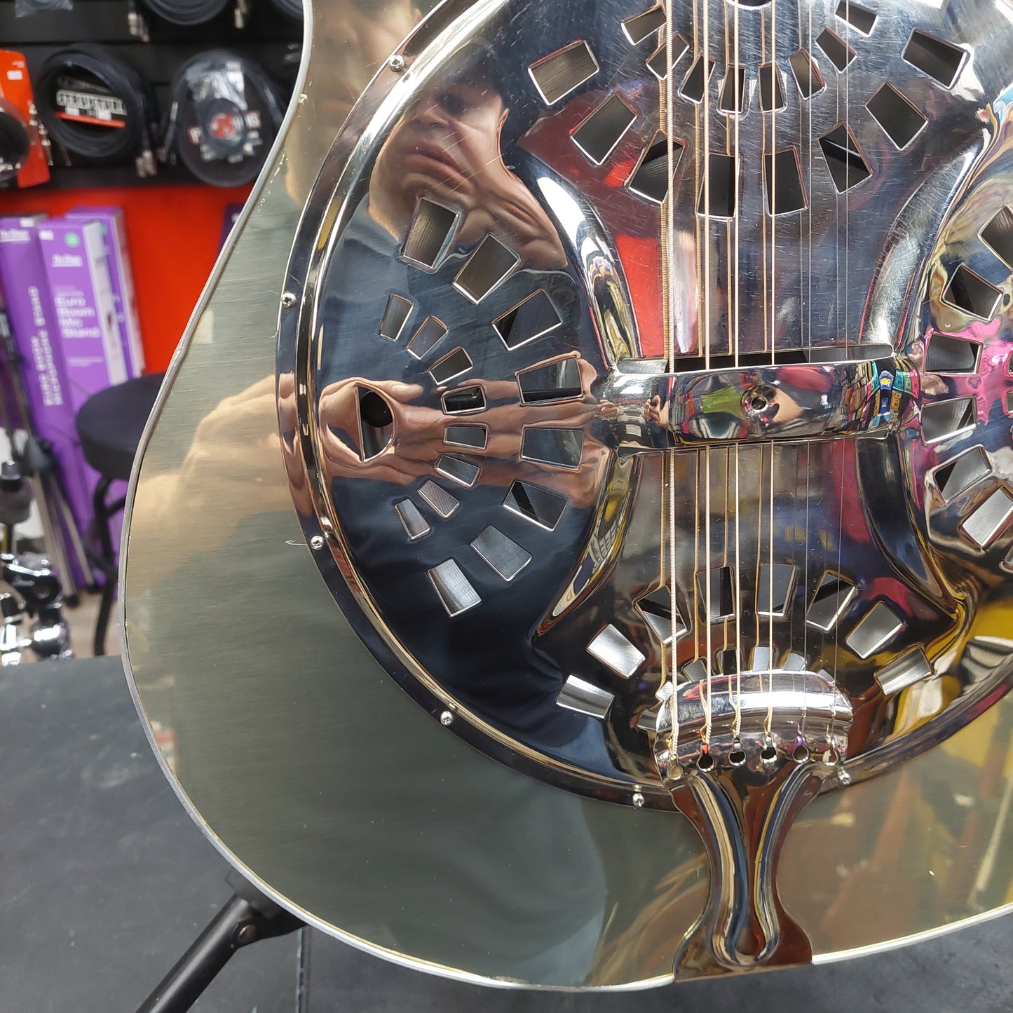 Liberty FB100 Resonator Guitar - Chrome/Blue Finish w/ Grover Tuners (USED) "Sold As Is" Has Loose Binding Lower Left Part Of Body
