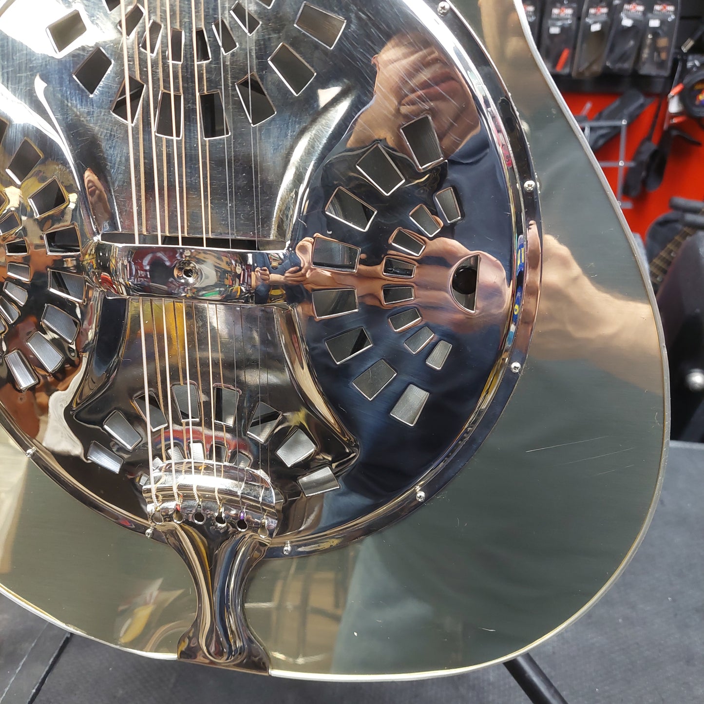Liberty FB100 Resonator Guitar - Chrome/Blue Finish w/ Grover Tuners (USED) "Sold As Is" Has Loose Binding Lower Left Part Of Body