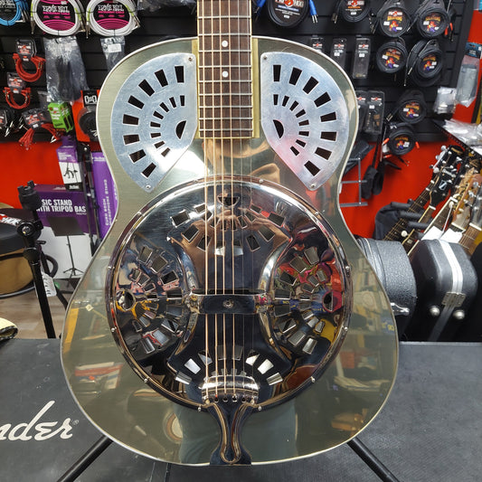 Liberty FB100 Resonator Guitar - Chrome/Blue Finish w/ Grover Tuners (USED) "Sold As Is" Has Loose Binding Lower Left Part Of Body