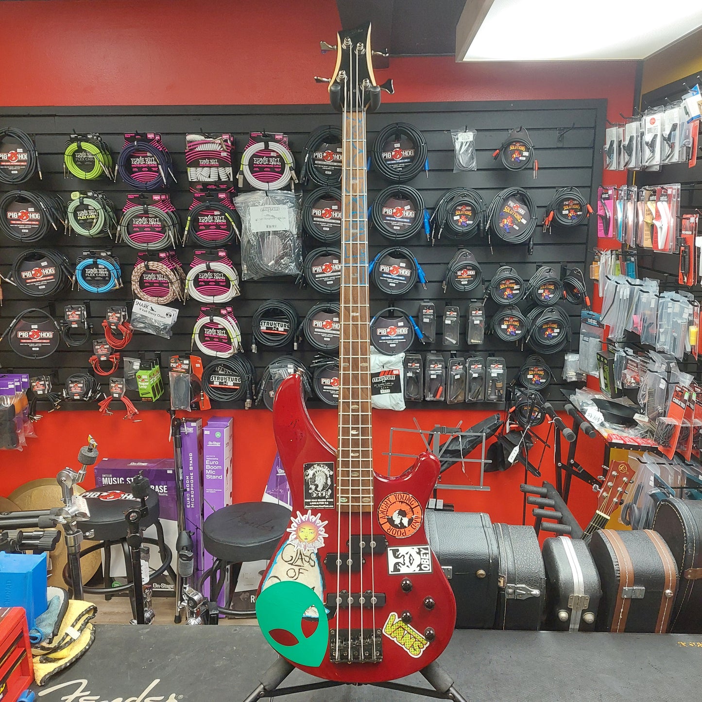 2020 Mitchell MB200BR 4-String Electric Bass - Red SN# RK2007150083 "Sold As Is" (Has Stickers On Body & Art Work On Fretboard)