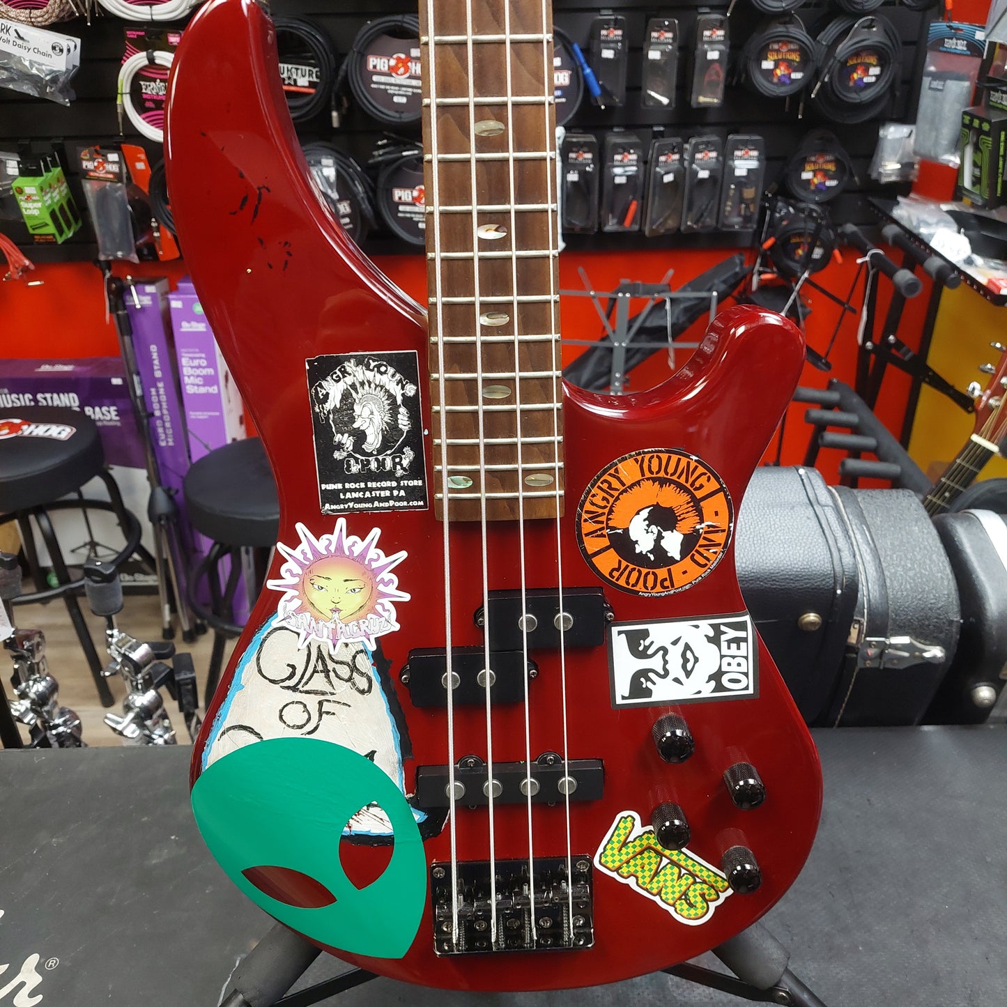 2020 Mitchell MB200BR 4-String Electric Bass - Red SN# RK2007150083 "Sold As Is" (Has Stickers On Body & Art Work On Fretboard)