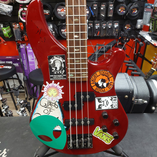 2020 Mitchell MB200BR 4-String Electric Bass - Red SN# RK2007150083 "Sold As Is" (Has Stickers On Body & Art Work On Fretboard)
