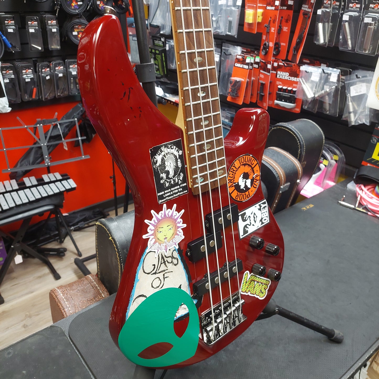 2020 Mitchell MB200BR 4-String Electric Bass - Red SN# RK2007150083 "Sold As Is" (Has Stickers On Body & Art Work On Fretboard)