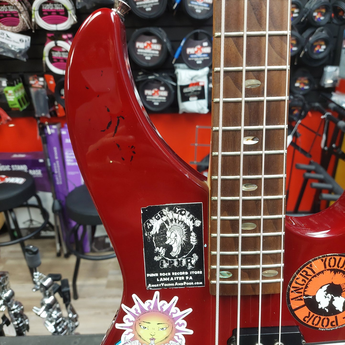 2020 Mitchell MB200BR 4-String Electric Bass - Red SN# RK2007150083 "Sold As Is" (Has Stickers On Body & Art Work On Fretboard)