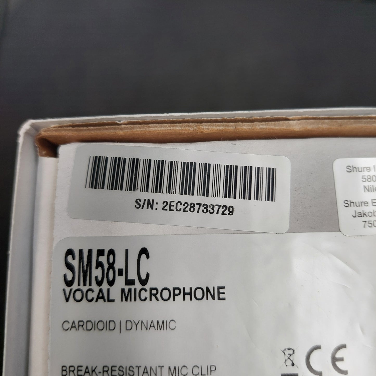 SHURE SM58 Cardioid Dynamic Vocal Microphone w/ Mic Clip, Pouch, & Original Box (USED) SN# 2EC28733729