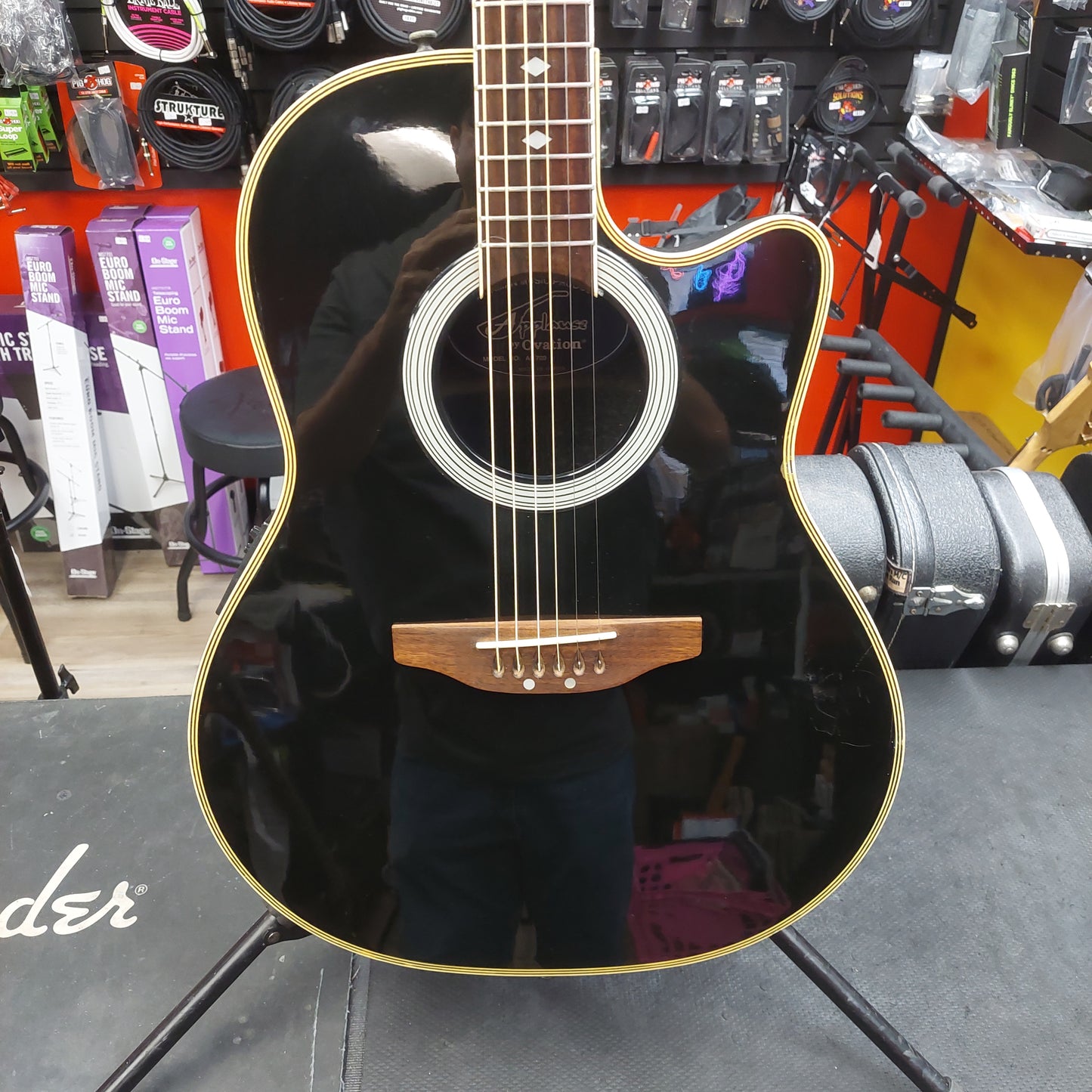 1990's Applause by Ovation AE700 Acoustic/Electric Guitar - Black Gloss w/ Hard Case "Made In Korea" SN# 8048858 "Sold As Is" Bridge Slightly Lifting & Neck Is Cracked