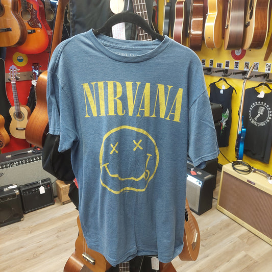 Nirvana Smiley Face Band T-Shirt - Large - Medium Blue/Yellow (USED)