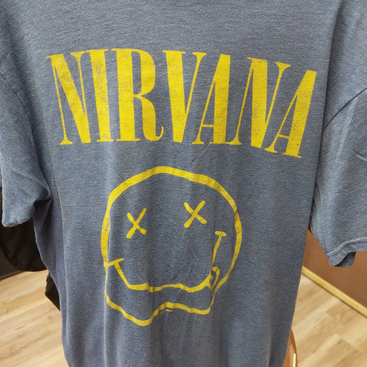 Nirvana Smiley Face Band T-Shirt - Large - Medium Blue/Yellow (USED)