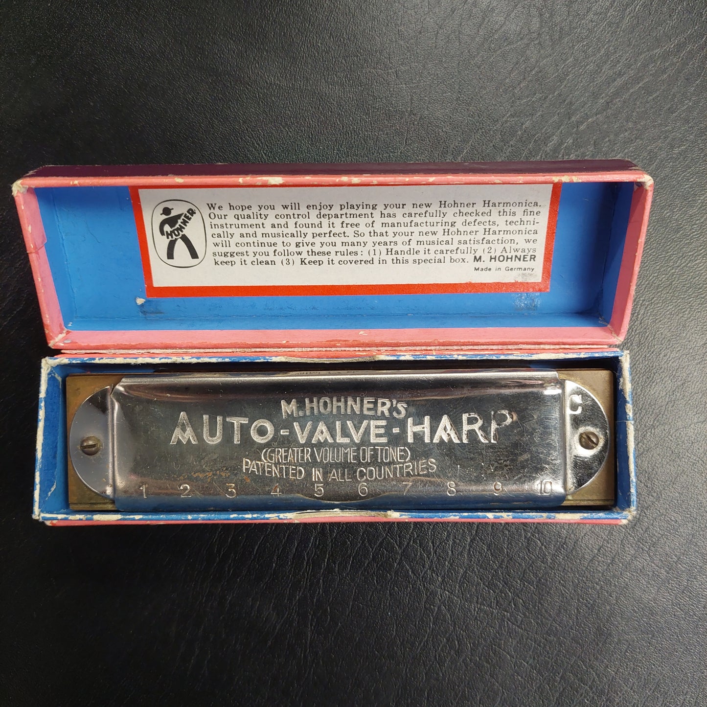 M. Hohner Auto Valve Harp Key of C No.105 Vintage German Harmonica w/ Box