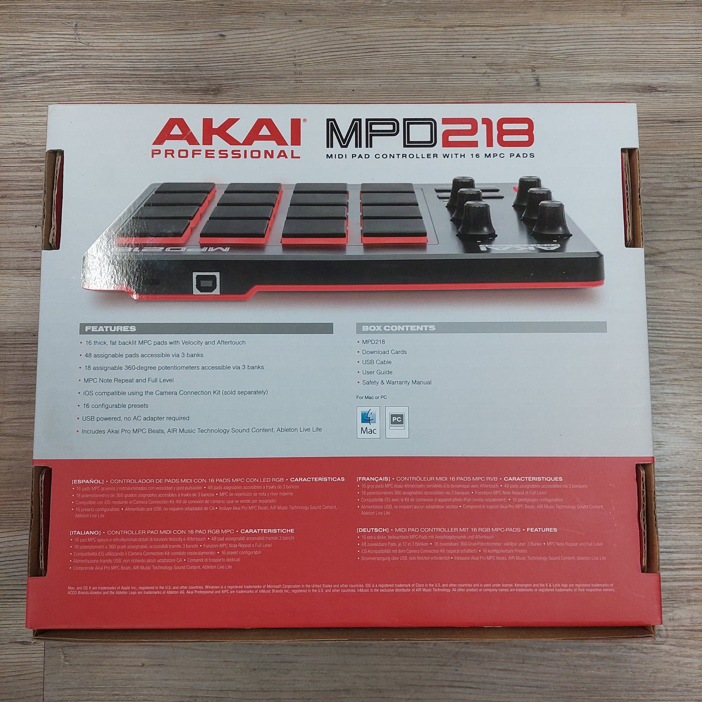 AKAI MPD218 Midi Pad Controller - Black & Red w/ original box, Manual & USB Cable SN# 694318016930 (USED)