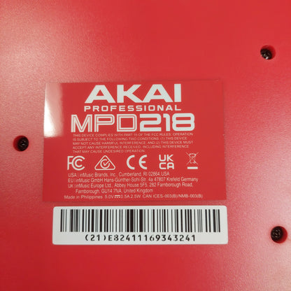 AKAI MPD218 Midi Pad Controller - Black & Red w/ original box, Manual & USB Cable SN# 694318016930 (USED)