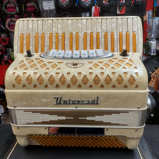 1960's Vintage Universal 41-Key 120 Bass Piano Accordion – Pearl White w/ Original Hard Case & Coil Instrument Cable "Made In Italy" SN# 15738 "Sold As Is" Not Serviced Inspected and In Working Condition