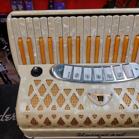 1960's Vintage Universal 41-Key 120 Bass Piano Accordion – Pearl White w/ Original Hard Case & Coil Instrument Cable "Made In Italy" SN# 15738 "Sold As Is" Not Serviced Inspected and In Working Condition