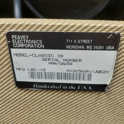 1990s-2000s Peavey Classic 30 Guitar Amplifier 30-Watt, 1x12" Speaker w/ Original Owners Manual (USED) "Reverb Not Working" SN# 08672658 "Made In USA"