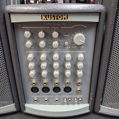 KUSTOM KPS PROFILE SYSTEM ONE 5-CHANNEL PORTABLE PA, 100W w/ DUAL 6.5” PA SPEAKERS w/ SPEAKER CABLES & POWER CABLE (USED) SN# 0251-000965 "EFFECTS NOT WORKING"