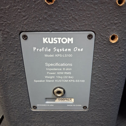 KUSTOM KPS PROFILE SYSTEM ONE 5-CHANNEL PORTABLE PA, 100W w/ DUAL 6.5” PA SPEAKERS w/ SPEAKER CABLES & POWER CABLE (USED) SN# 0251-000965 "EFFECTS NOT WORKING"