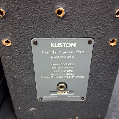 KUSTOM KPS PROFILE SYSTEM ONE 5-CHANNEL PORTABLE PA, 100W w/ DUAL 6.5” PA SPEAKERS w/ SPEAKER CABLES & POWER CABLE (USED) SN# 0251-000965 "EFFECTS NOT WORKING"