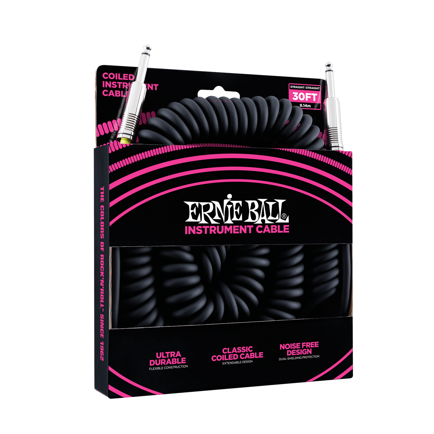 ERNIE BALL P06044 COILED INSTRUMENT CABLE STRAIGHT/STRAIGHT - 30FT - BLACK